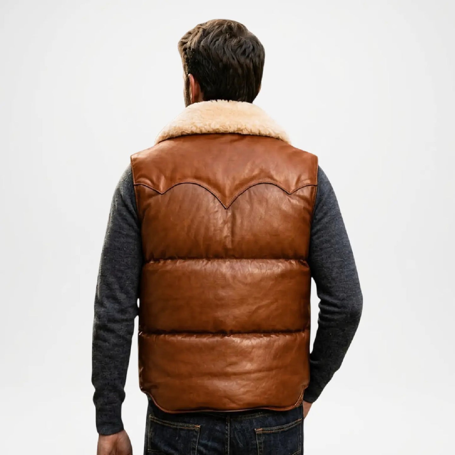 mens brown leather waistcoat fur trim