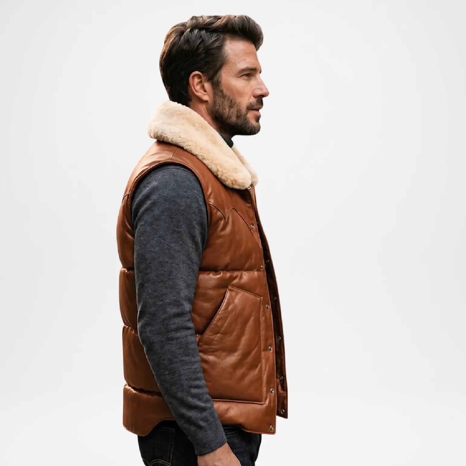 brown leather vest men winter style
