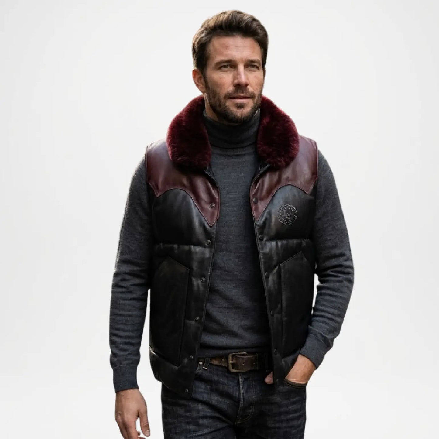 mens black leather vest fur collar