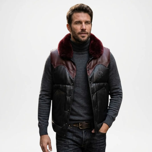 Mens Black Leather Vest with Fur Collar
