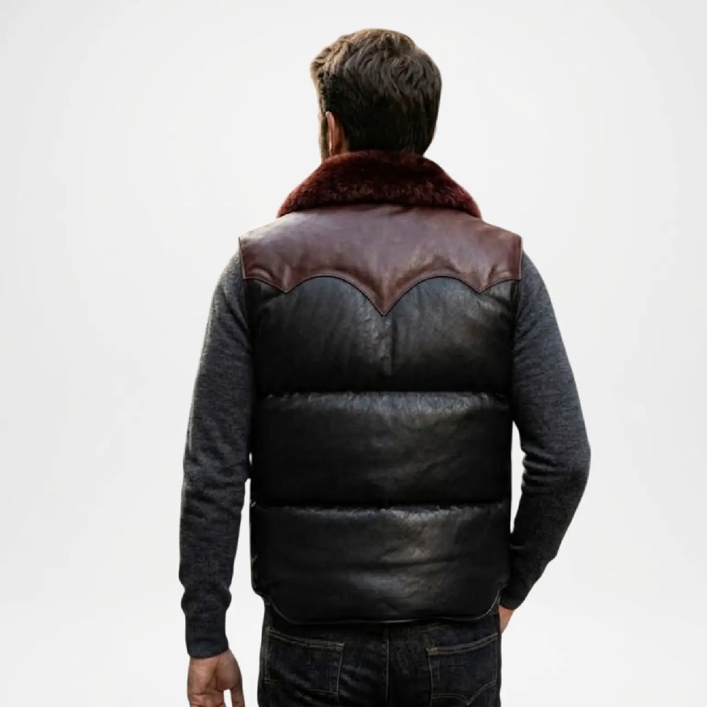 mens black leather waistcoat fur trim