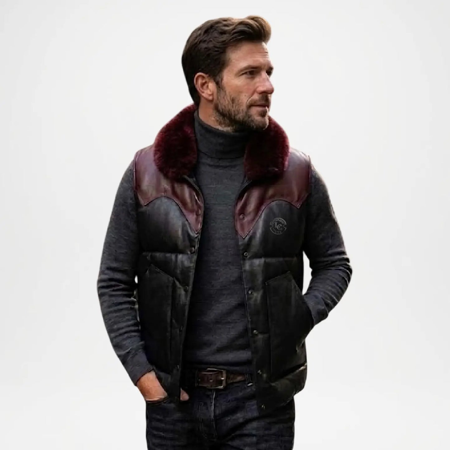 black fur collar leather vest men