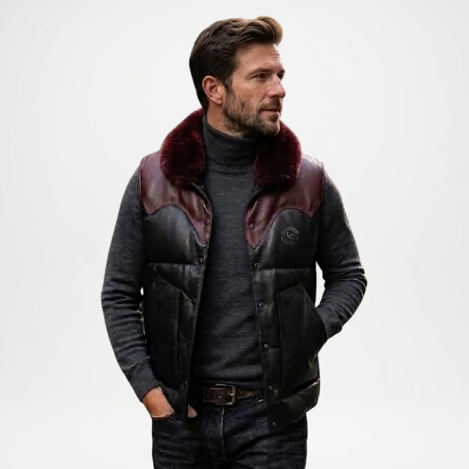 black fur collar leather vest men