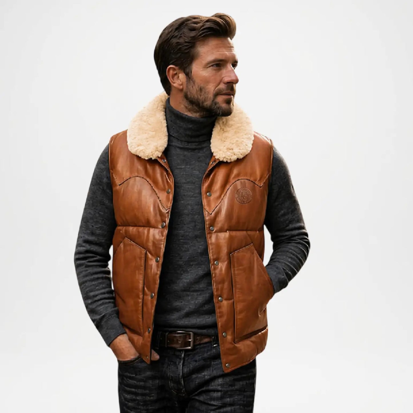 brown fur collar leather vest men
