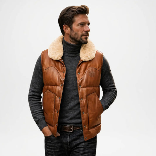 brown fur collar leather vest men