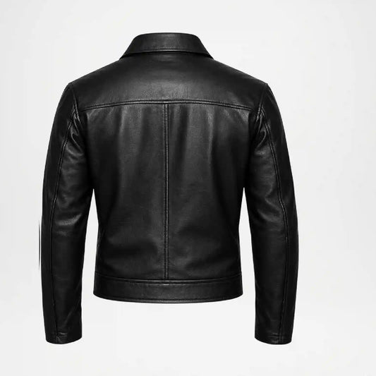 Black leather jacket shown from the back, featuring a classic collar, long sleeves, and a straight hem, photographed against a clean white background.