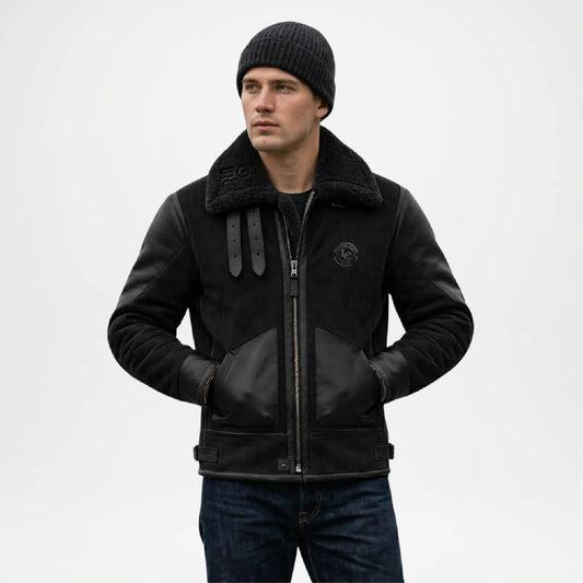 Mens Black Shearling Aviator Jacket