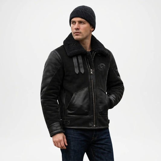 Mens Black Shearling Aviator Jacket