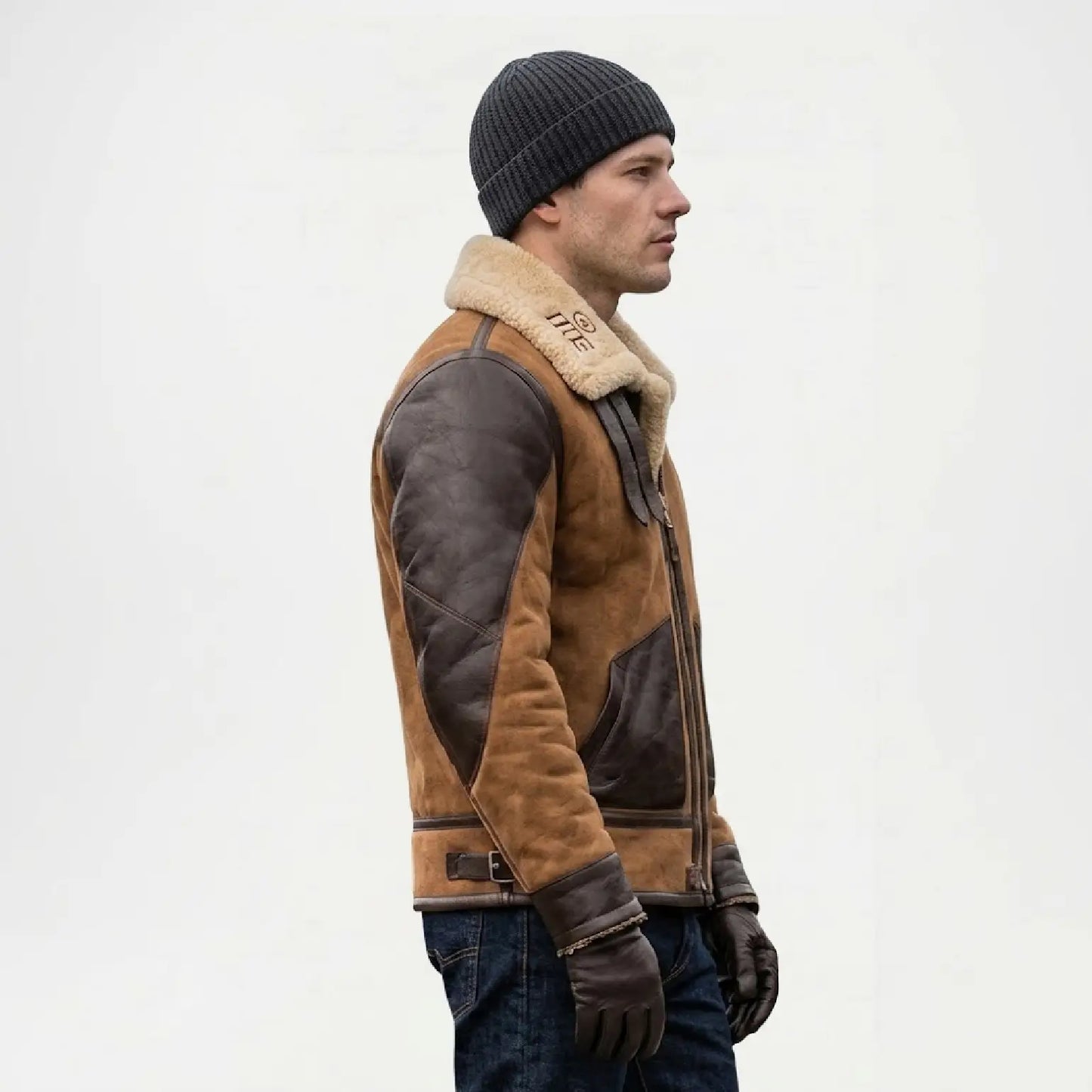 brown shearling bomber jacket men aviator style