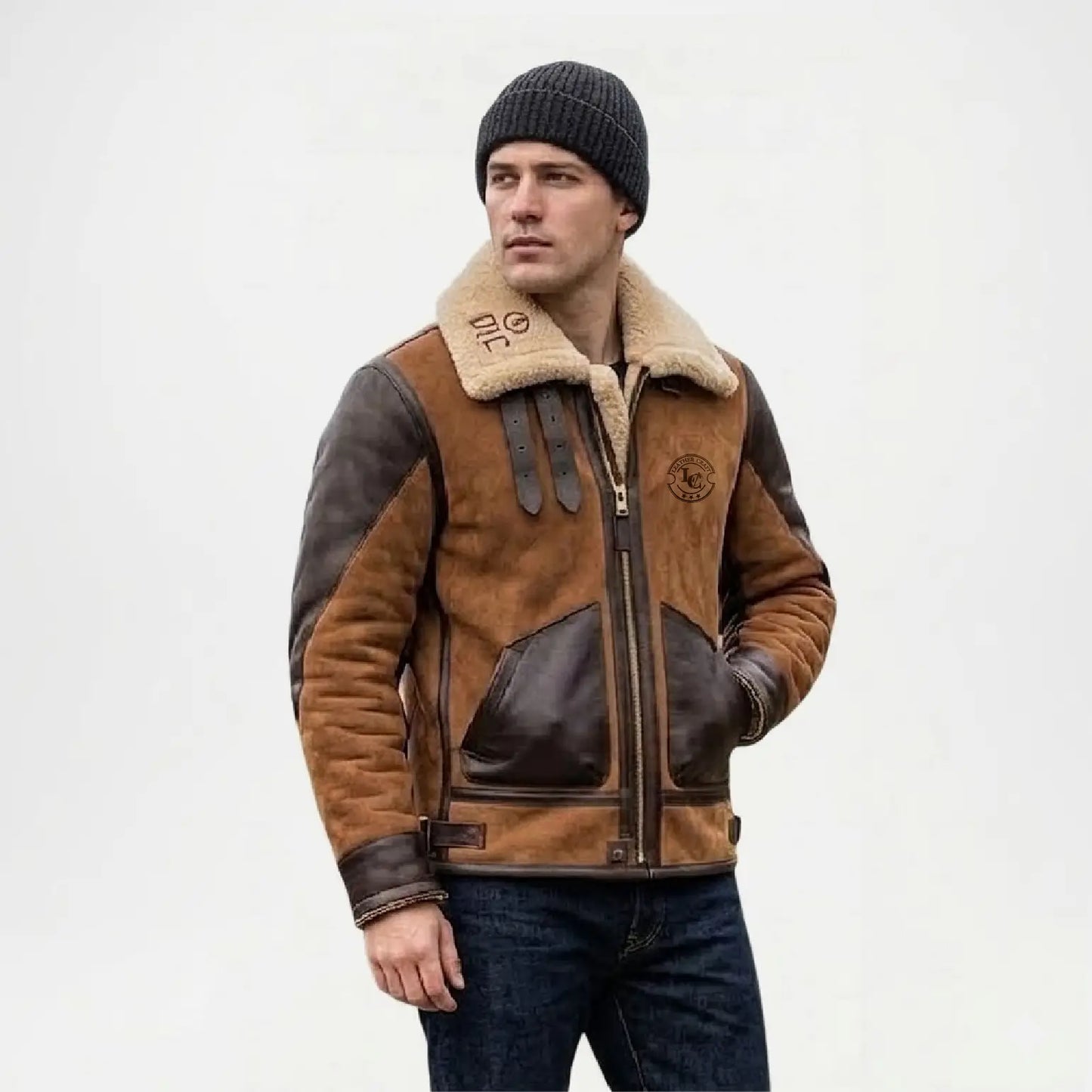 brown aviator leather jacket men shearling