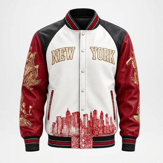 A varsity-style bomber jacket featuring a white body, red sleeves, and gold and red details. The jacket has 'NEW YORK' printed in gold across the chest, a red city skyline graphic across the lower front, and gold dragon illustrations on the sleeves.