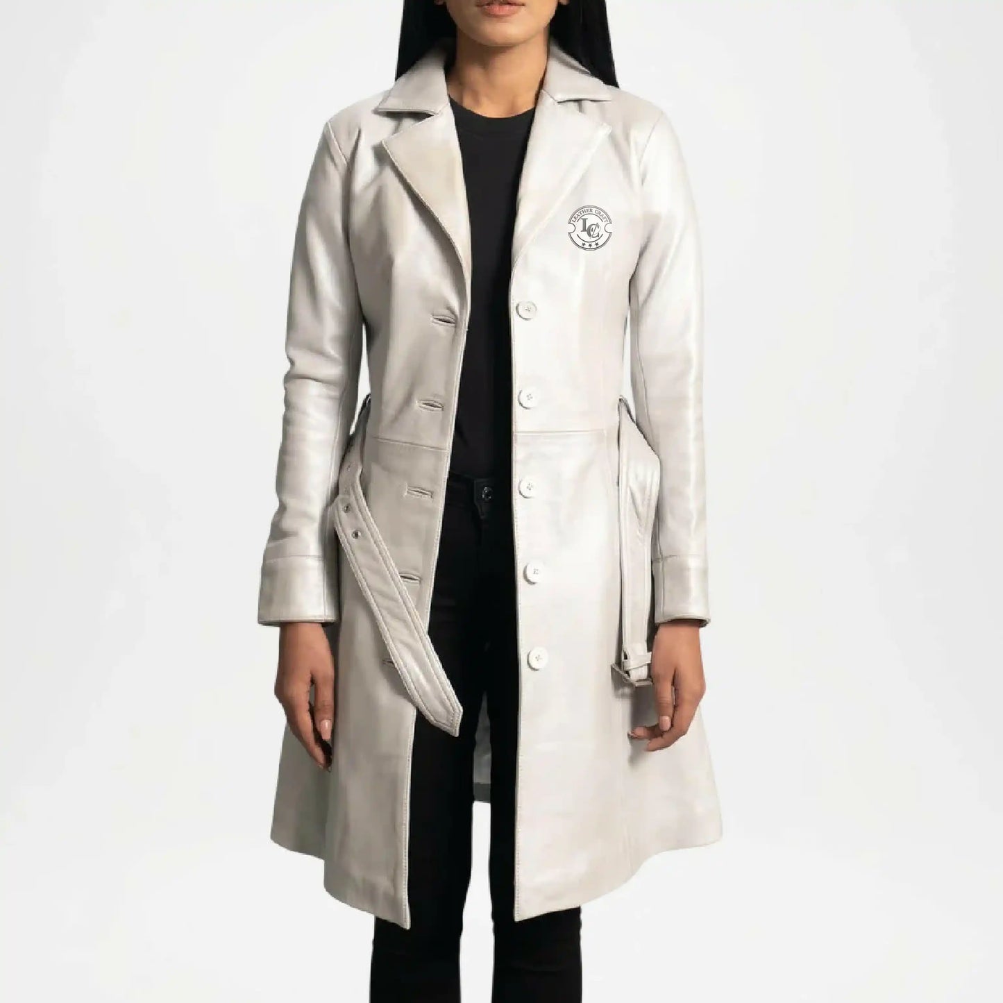 womens off white leather trench coat