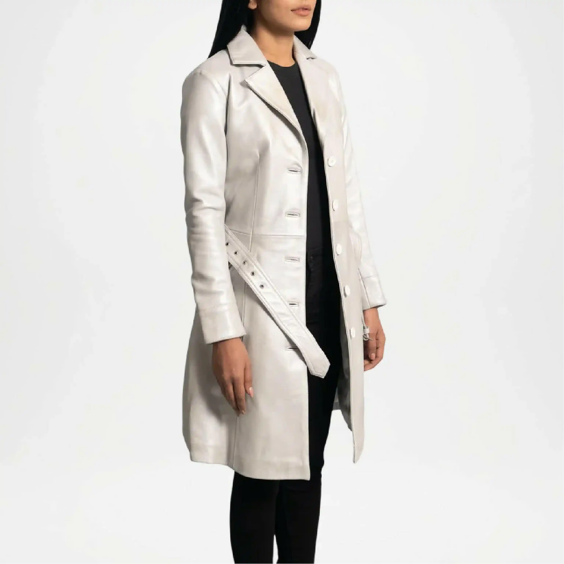 womens off white leather overcoat