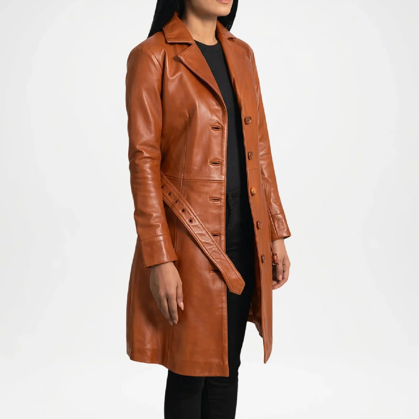 Brown leather coat worn by a person on a white background