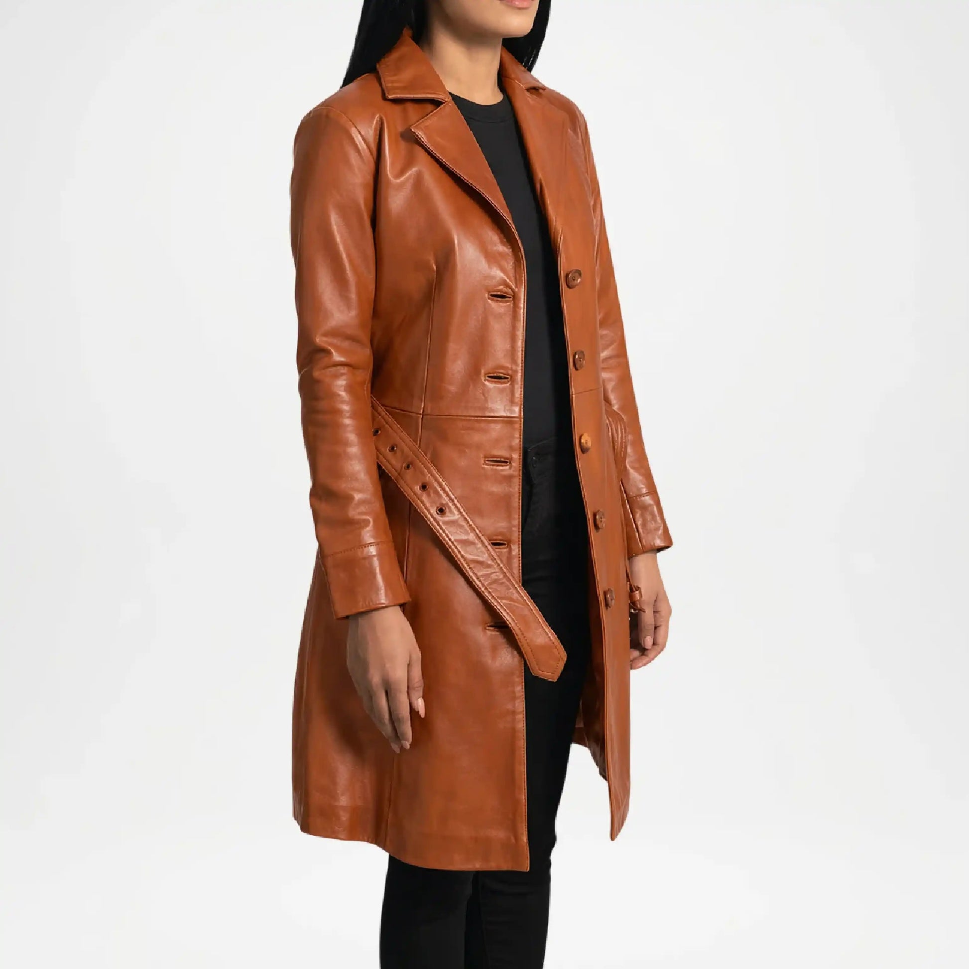 Brown leather coat worn by a person on a white background