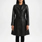 Black leather coat worn by a person on a white background