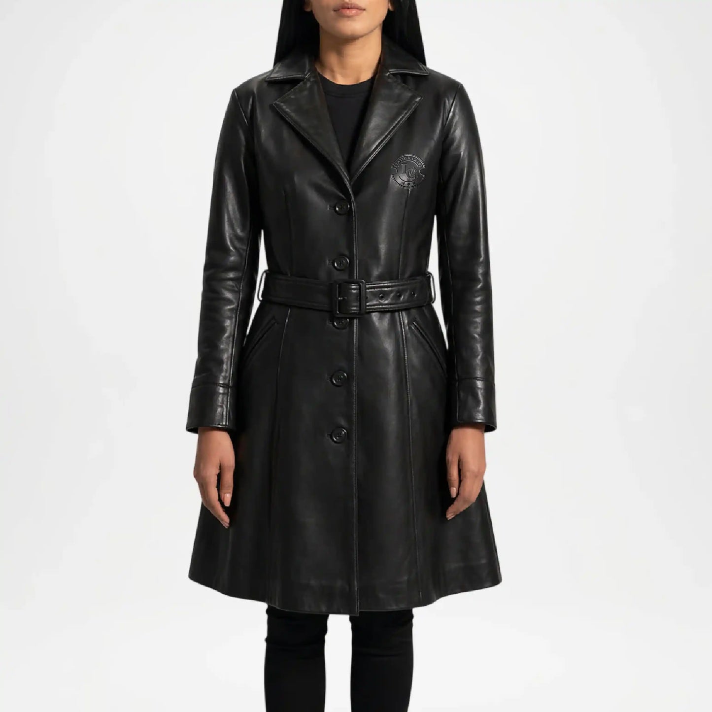 Black leather coat worn by a person on a white background