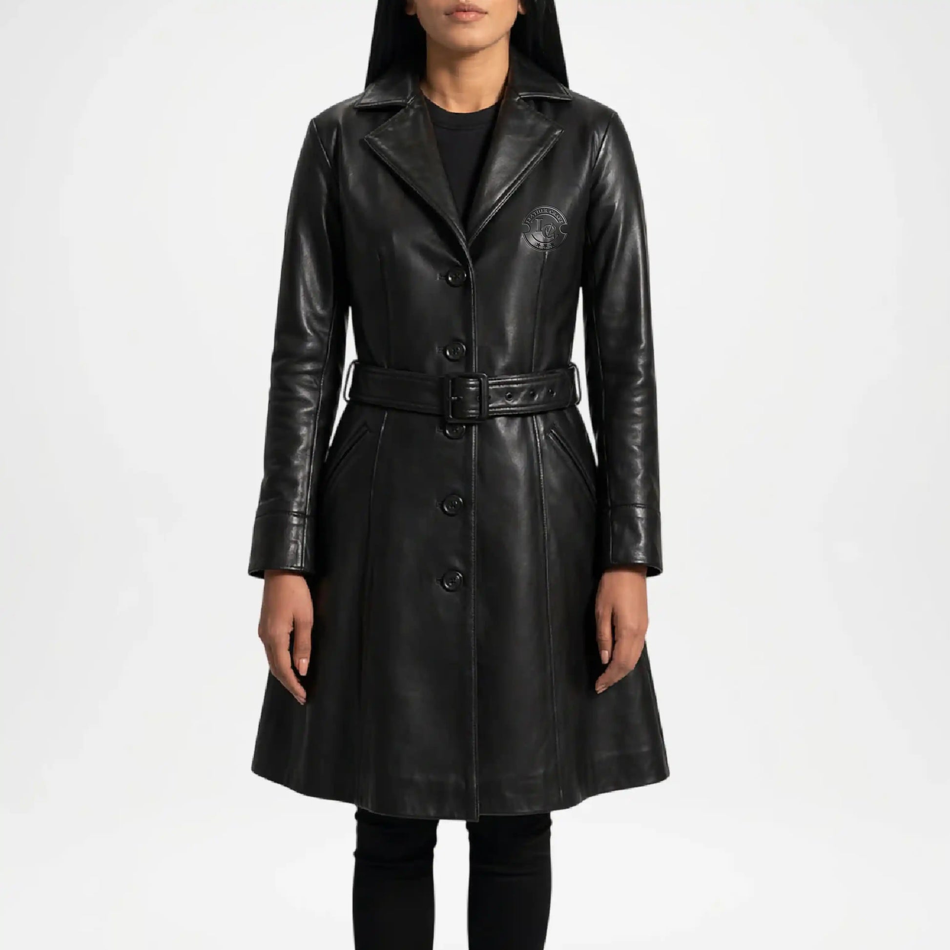 Black leather coat worn by a person on a white background
