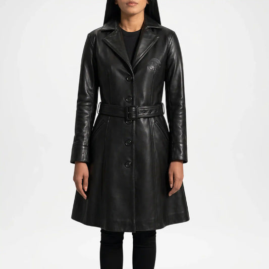 Black leather coat worn by a person on a white background