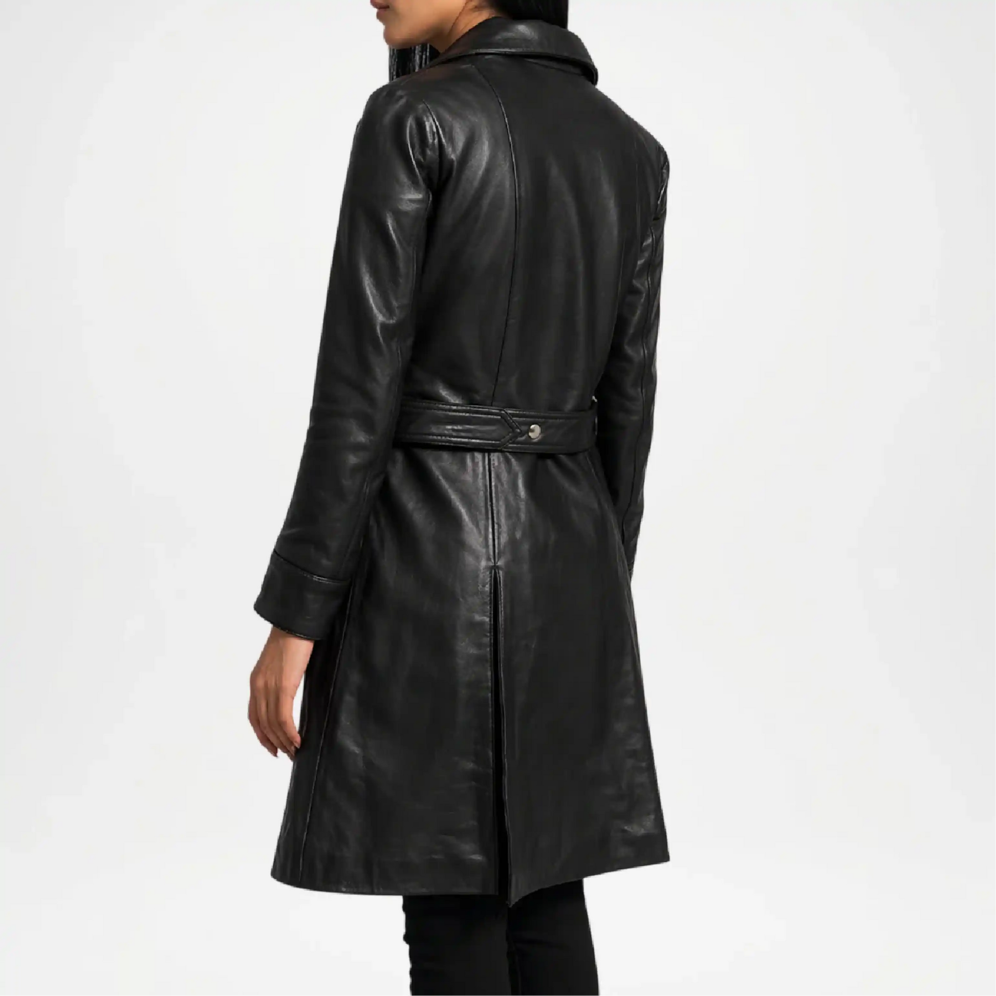 Black leather coat worn by a person on a white background backview