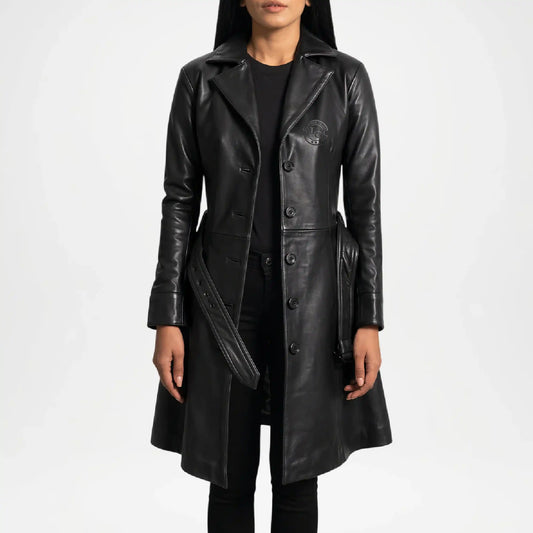 Black Leather Trench Coat for Women