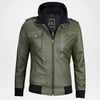 Olive green leather bomber jacket for men