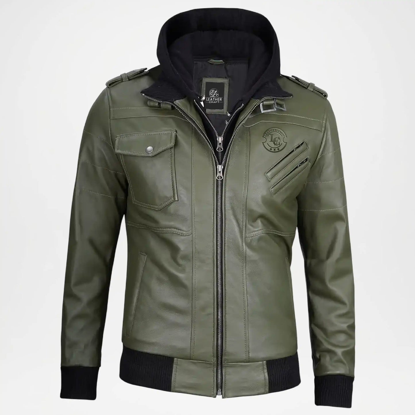 Olive green leather bomber jacket for men