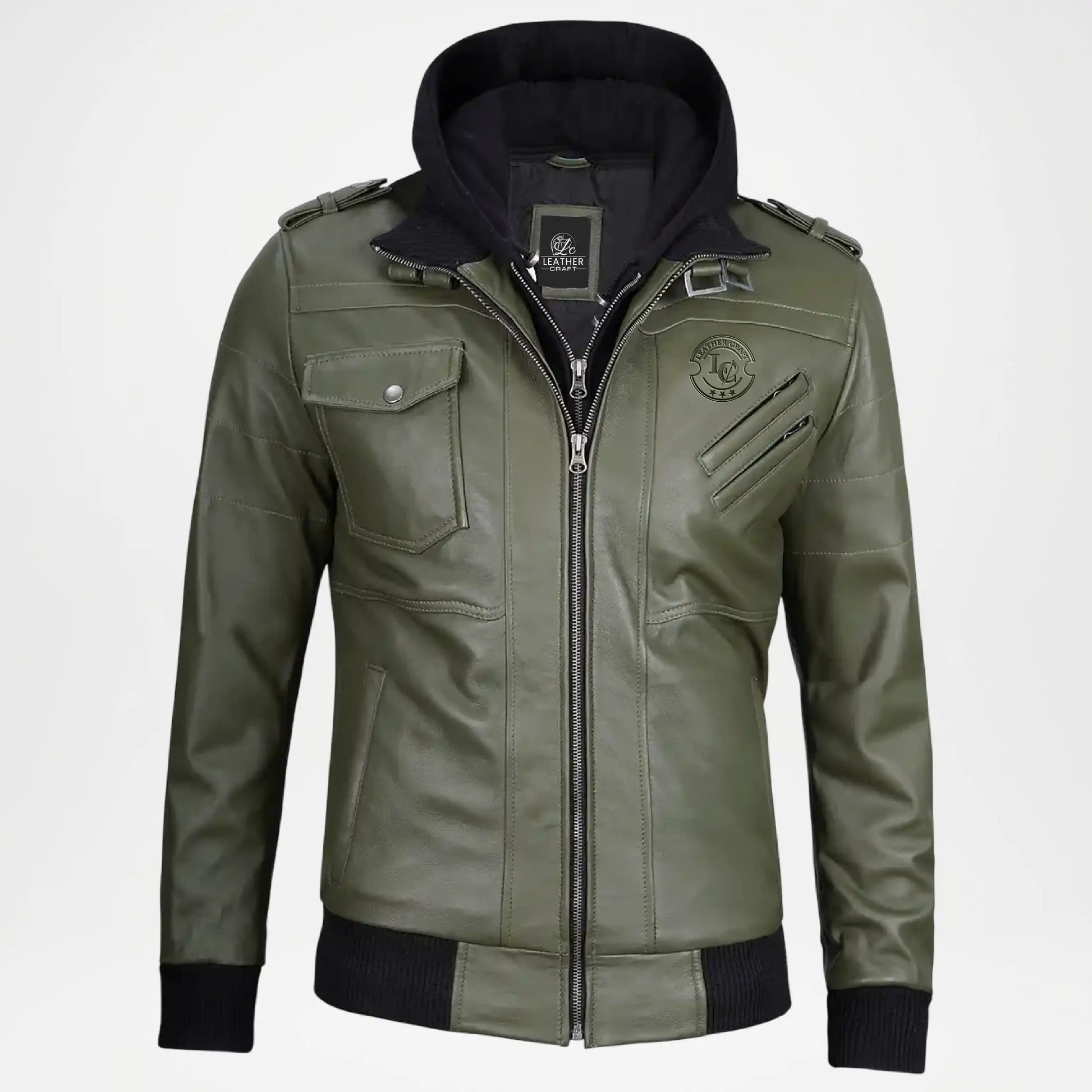 Olive green leather bomber jacket for men