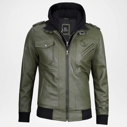 Olive green leather bomber jacket for men