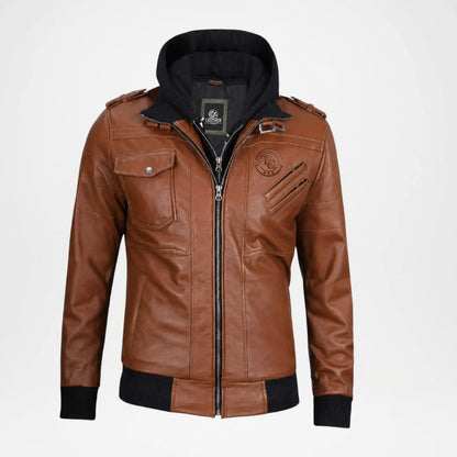 Brown leather jacket with black accents 