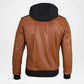 Brown leather jacket with black hood 