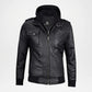 Black leather jacket with a hood on a light gray background