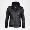 Black leather jacket with a hood on a light gray background