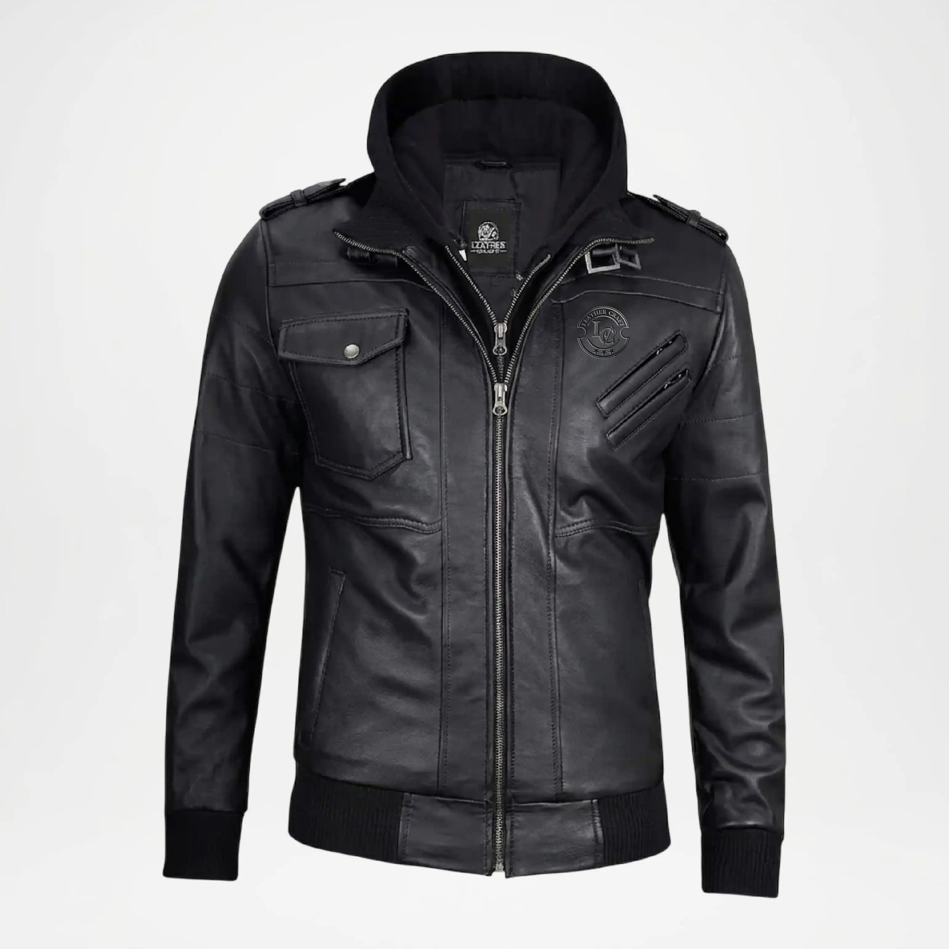 Black leather jacket with a hood on a light gray background