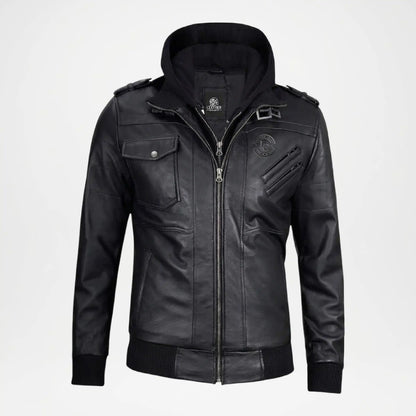 Black leather jacket with a hood on a light gray background