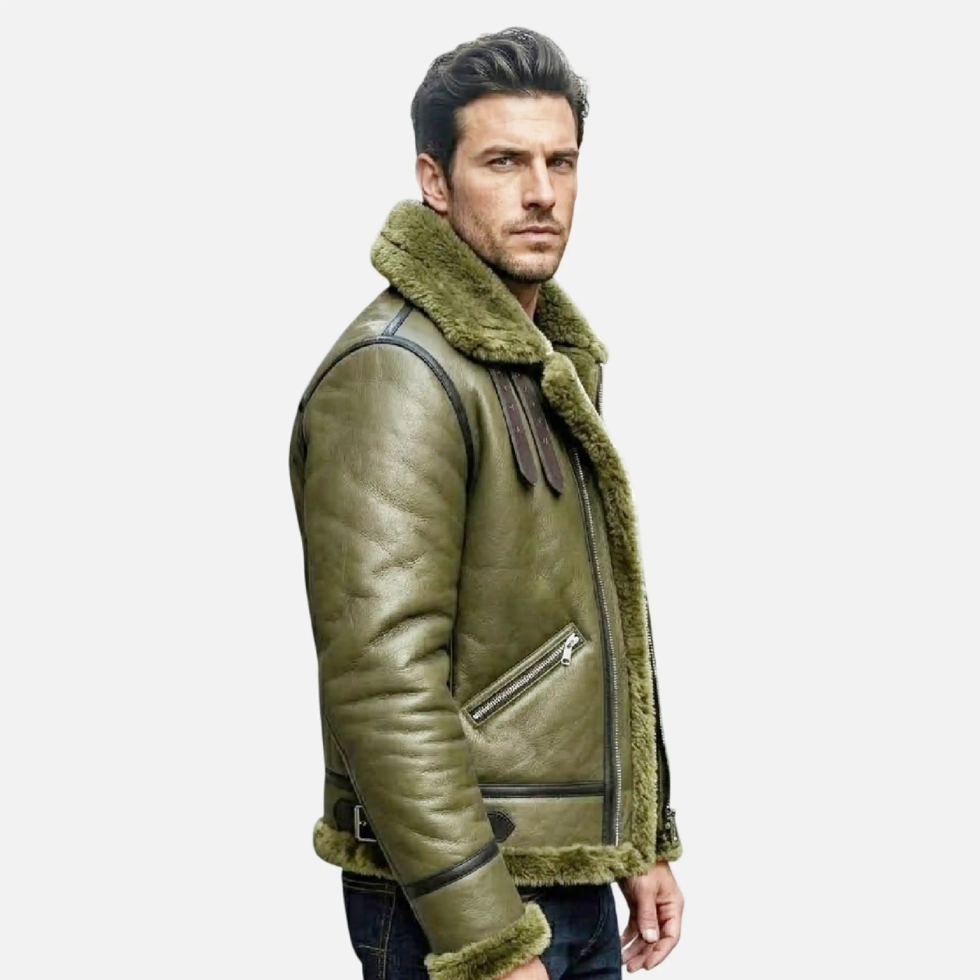 mens olive green fur lined aviator jacket