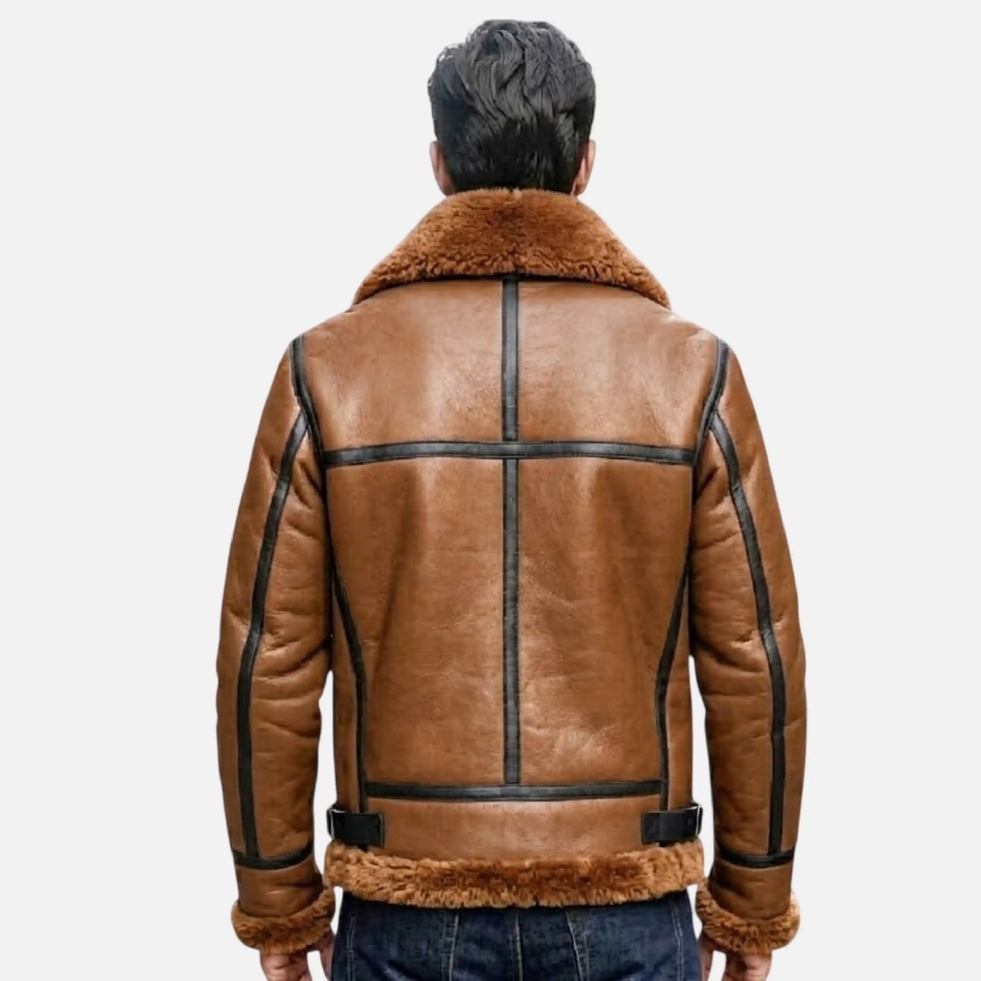 Brown leather jacket with fur collar on a white background