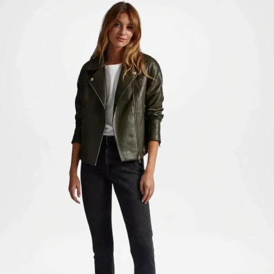 olive green moto jacket women leather