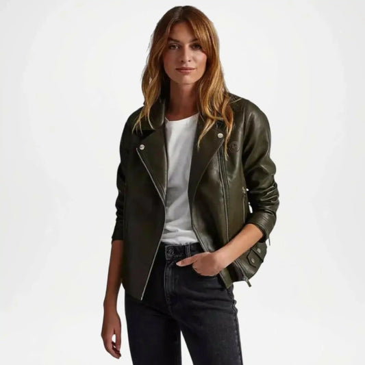 womens olive green leather biker jacket