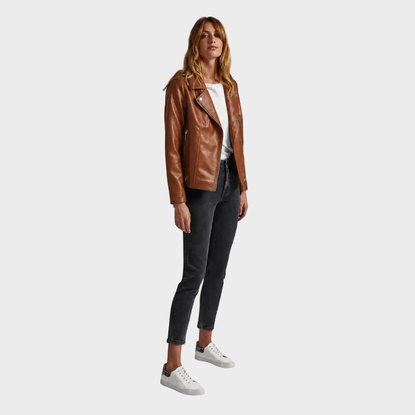 Brown Leather Biker Jacket for Women