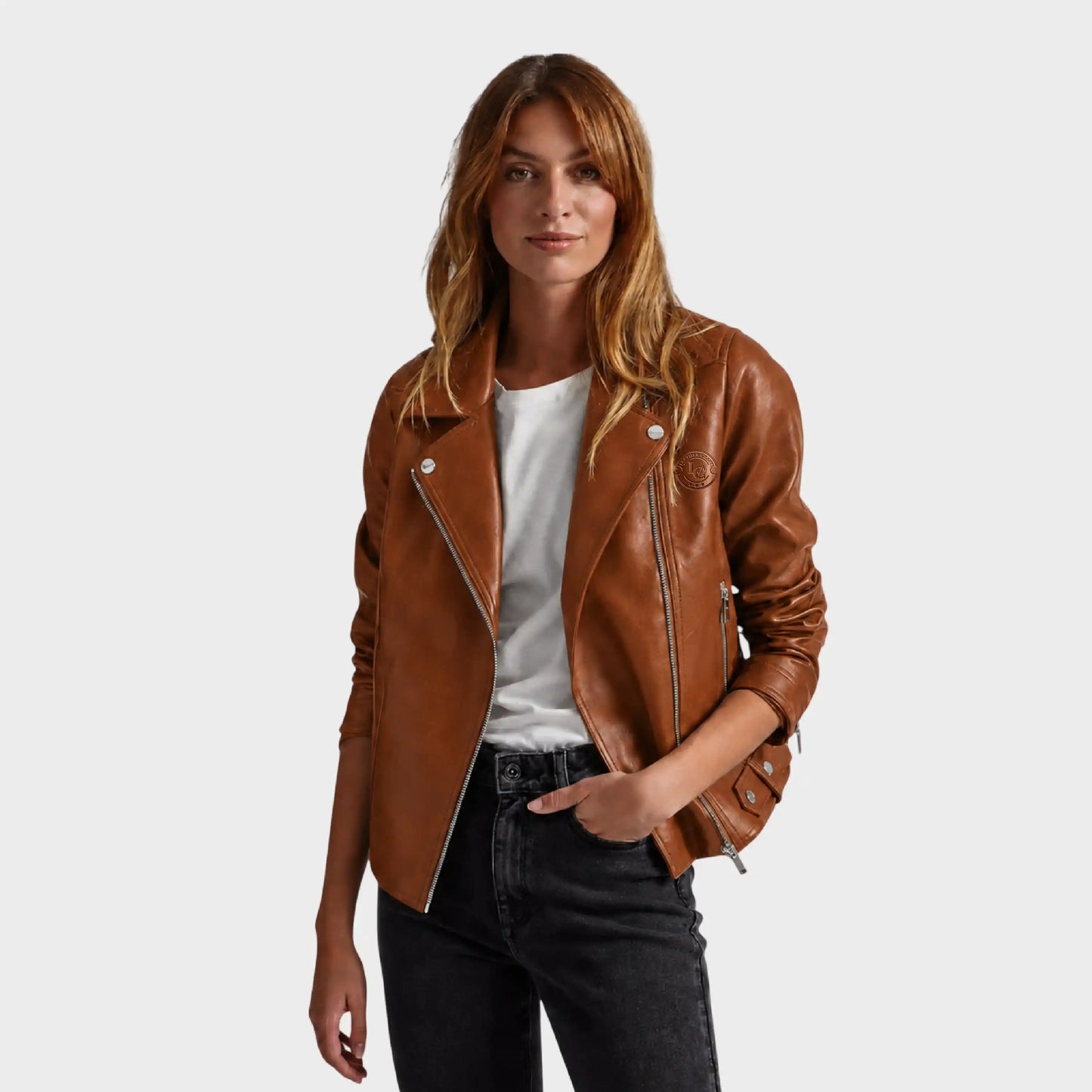Brown Leather Biker Jacket for Women
