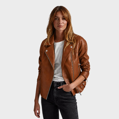 Brown Leather Biker Jacket for Women