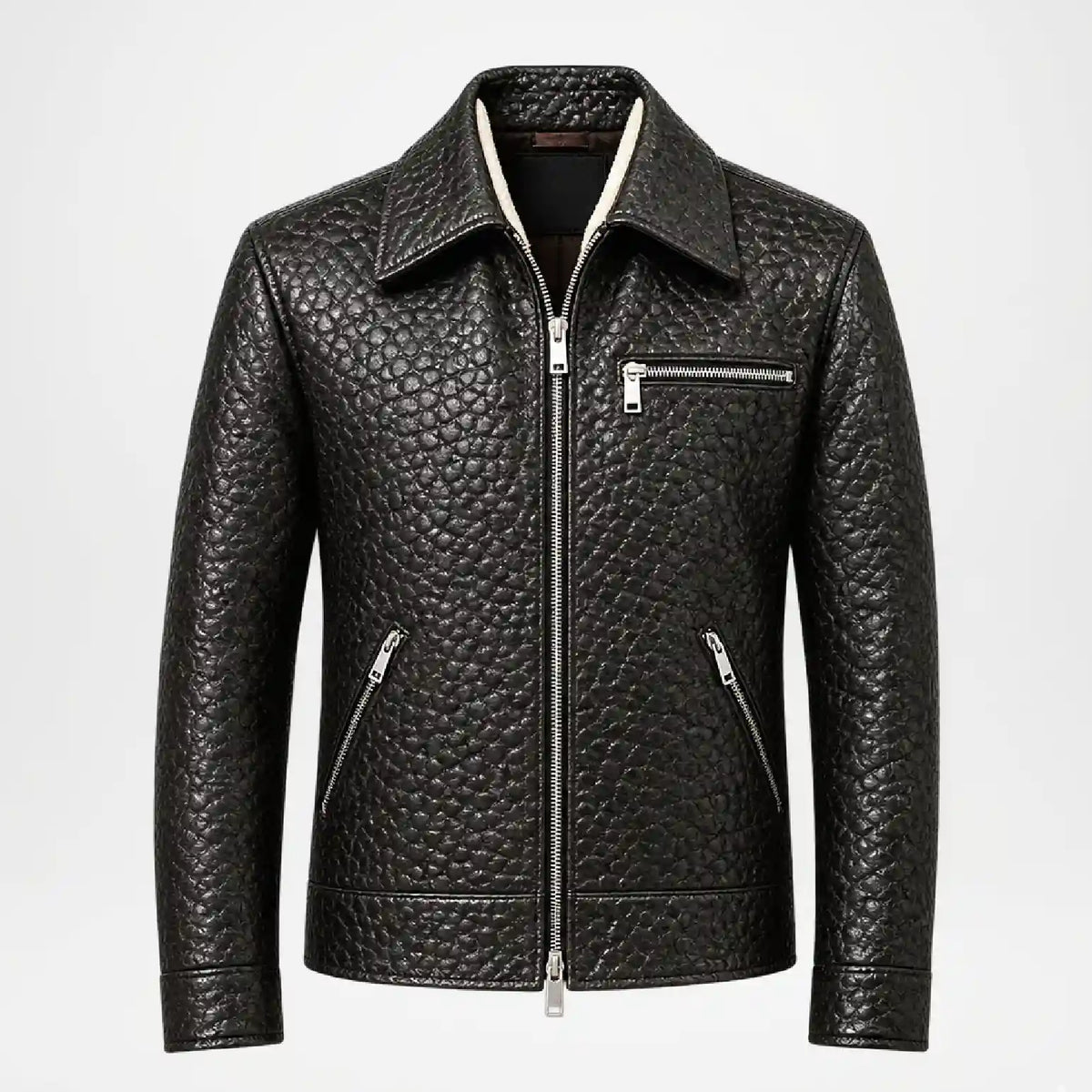 Black textured faux leather jacket with a front zipper, zippered chest pocket, and zippered side pockets, shown on a plain light gray background.