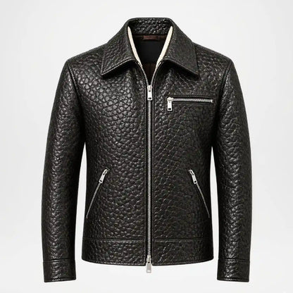Black textured faux leather jacket with a front zipper, zippered chest pocket, and zippered side pockets, shown on a plain light gray background.