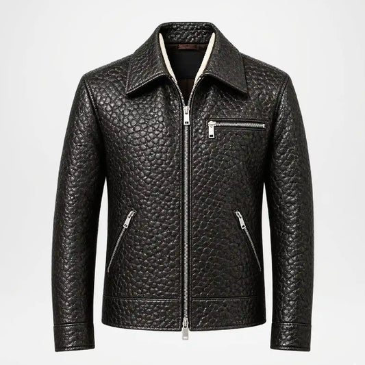Black textured faux leather jacket with a front zipper, zippered chest pocket, and zippered side pockets, shown on a plain light gray background.