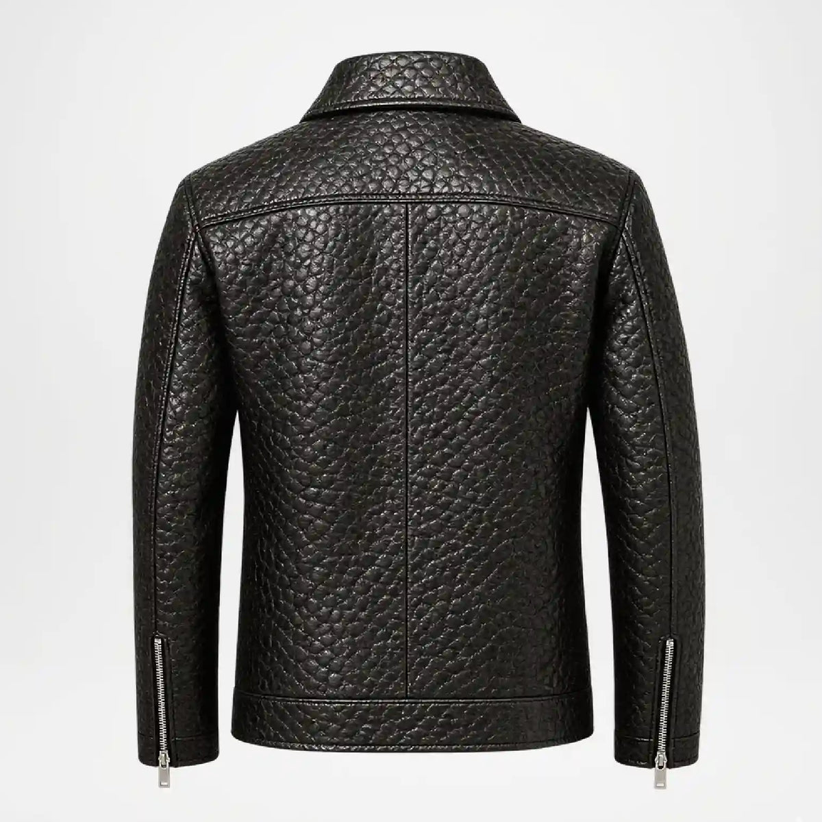 Black textured leather jacket shown from the back, featuring a high collar, vertical seam details, and silver zipper accents on the sleeves, set against a plain white background.