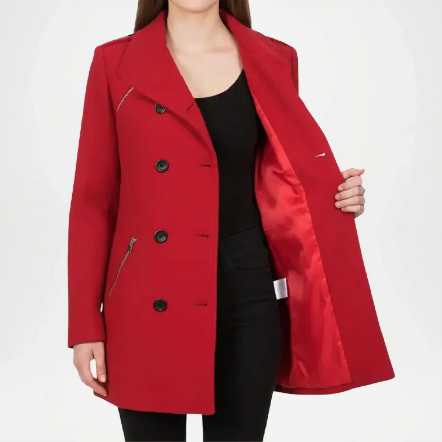 red double breasted wool coat women