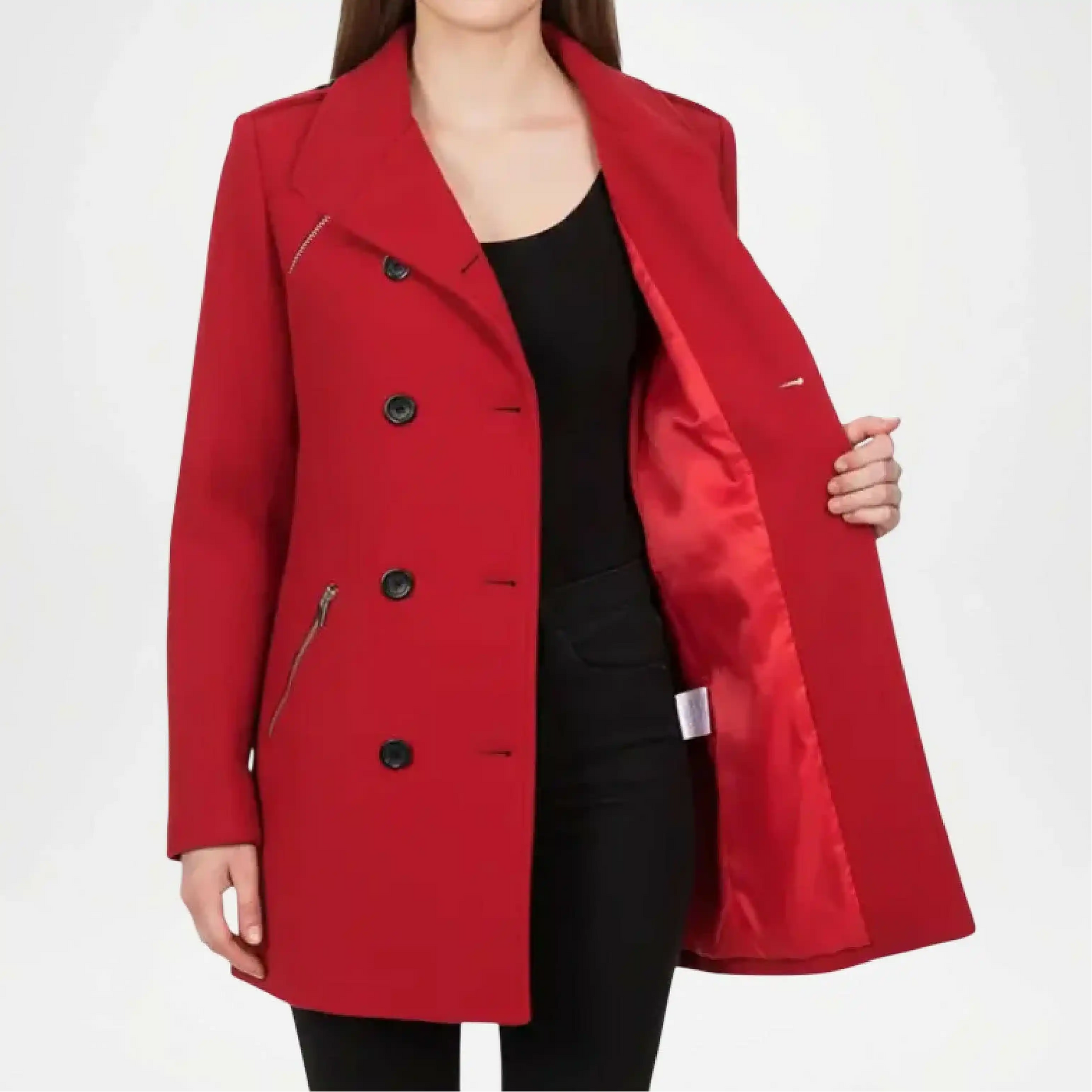red double breasted wool coat women