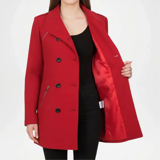 red double breasted wool coat women