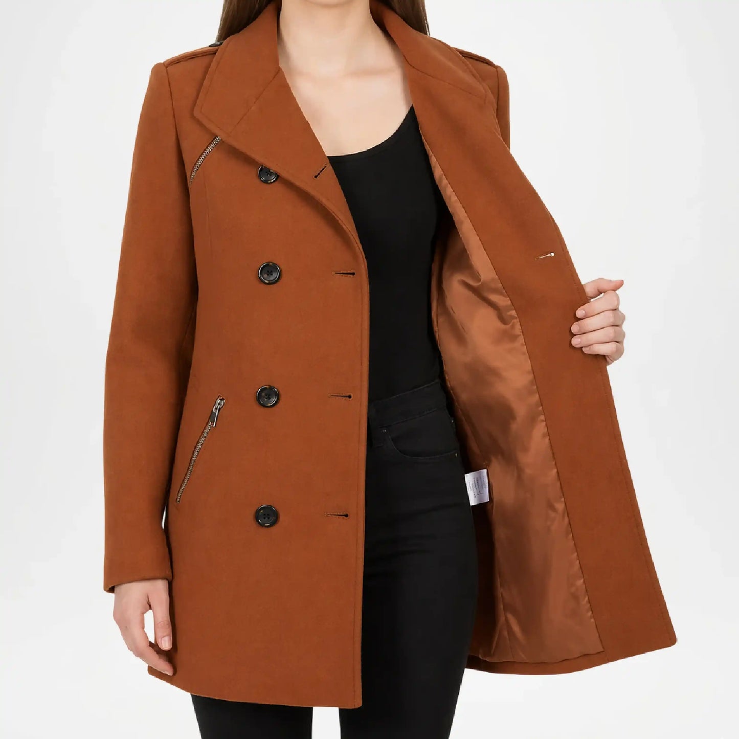 Brown coat worn by a person on a white background